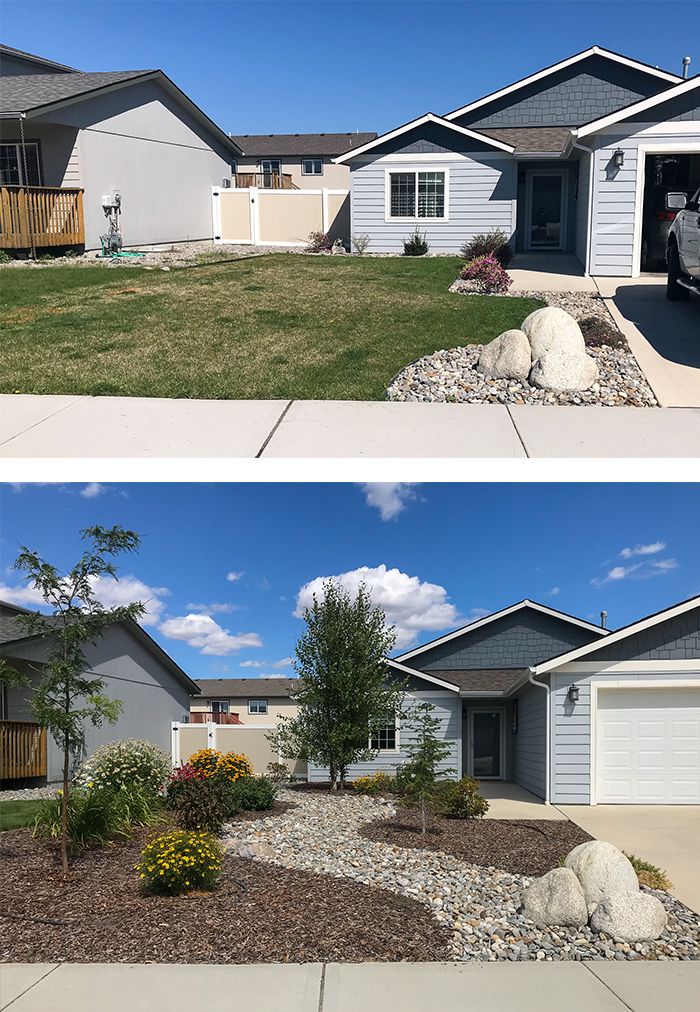 Modern front-yard transformation: lawn becomes a low-water bed with grasses, perennials, and river-rock dry creek